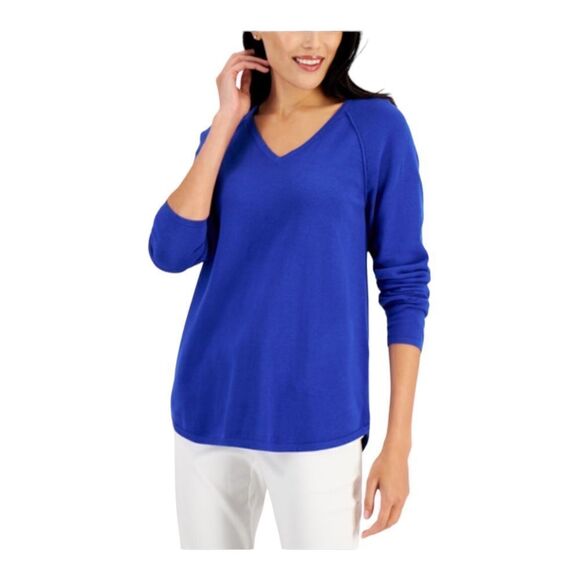 Karen Scott Petite Cotton V-Neck Curved-Hem Pullover Sweater Ultra Blue PP NWT - Picture 1 of 9